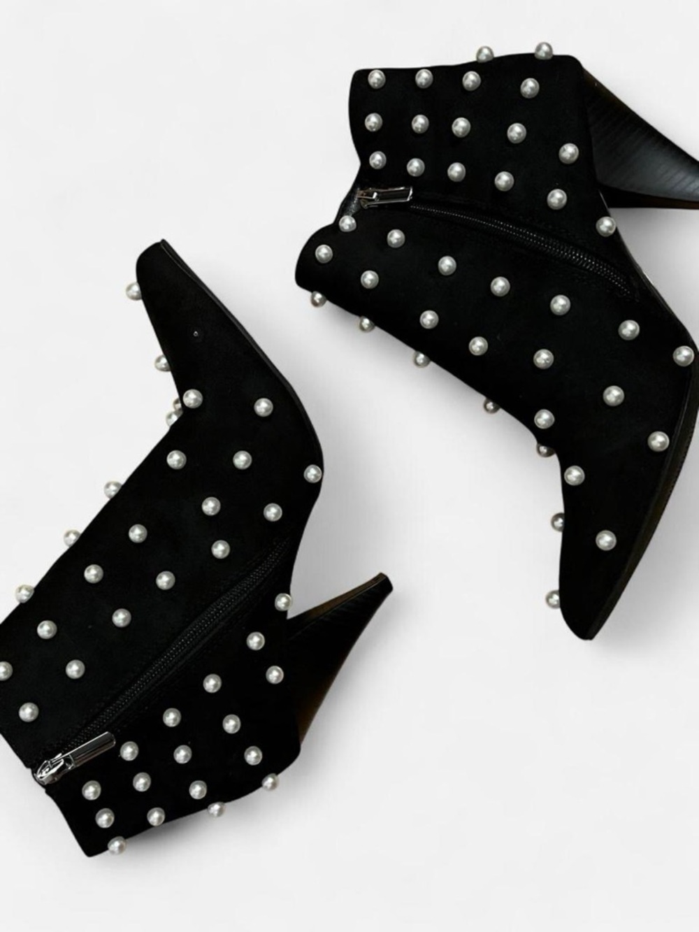 Black Pearl-Studded Ankle Boots - Women's Fashion Booties